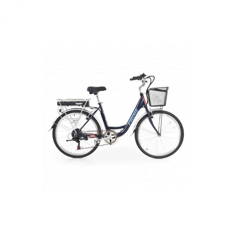 Bicicleta electrica Hecht prime blue cu sasiu din aluminiu schimbator shimano acumulator 36 v